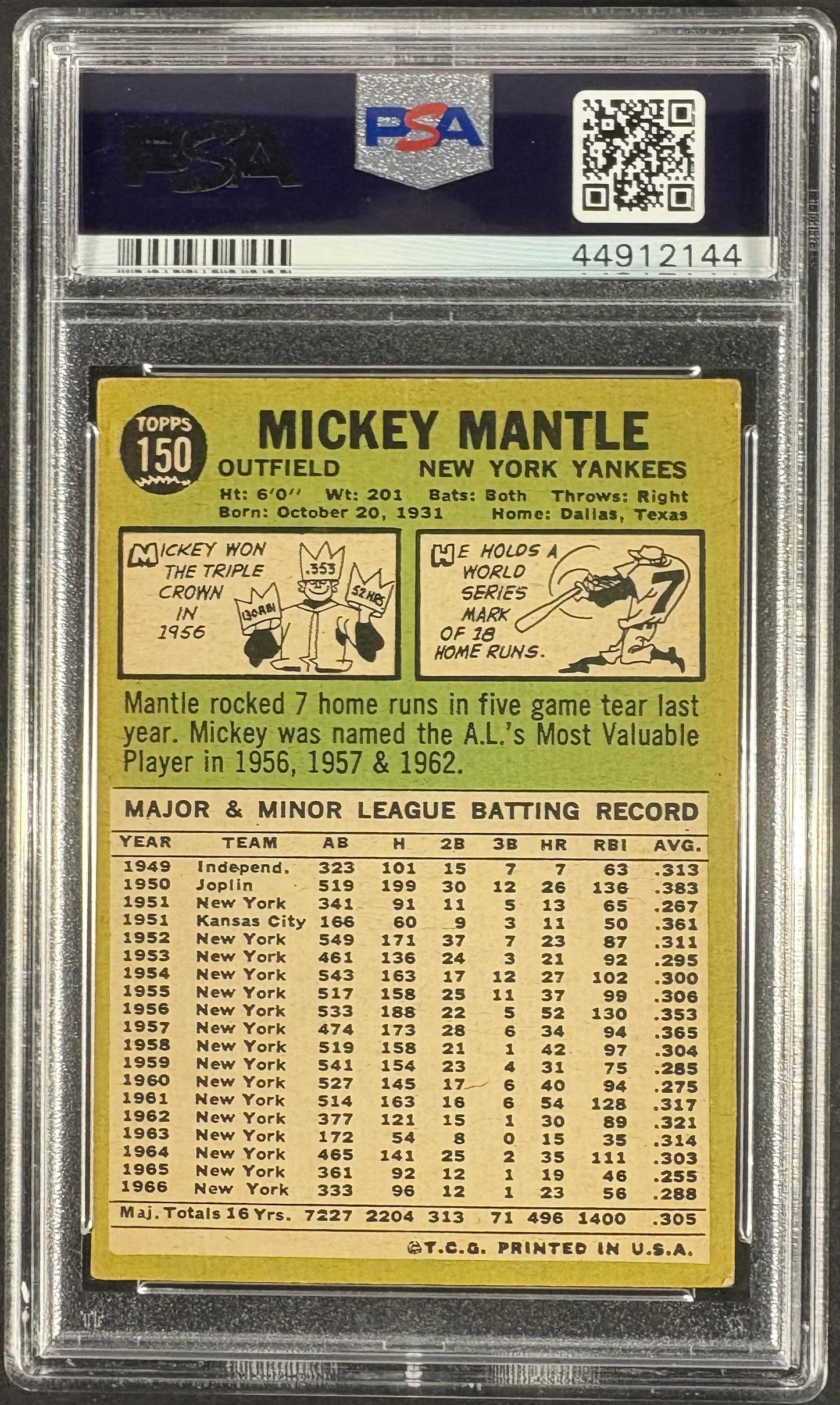 1967 Topps #150 Mickey Mantle PSA 4 VG-EX New Label