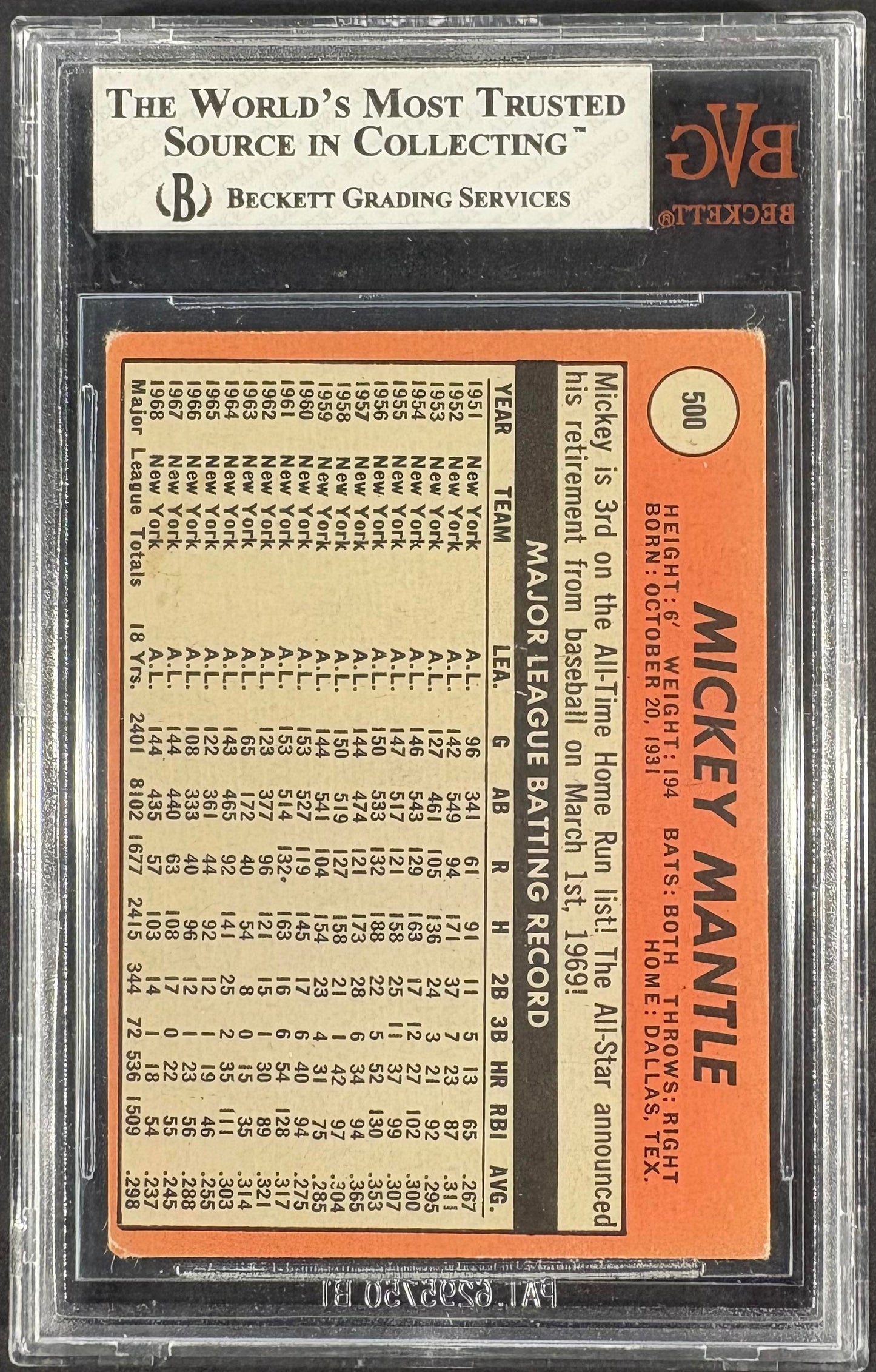 1969 Topps #500 Mickey Mantle BVG 3.5 VG+