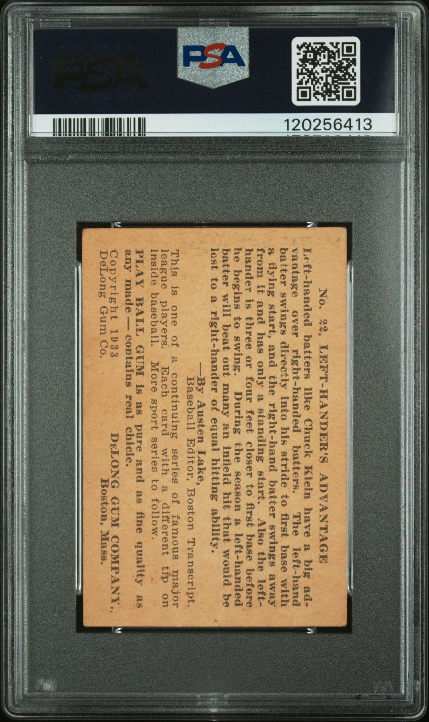 1933 Delong #22 Chuck Klein PSA 1 Nice Eye Appeal New Label