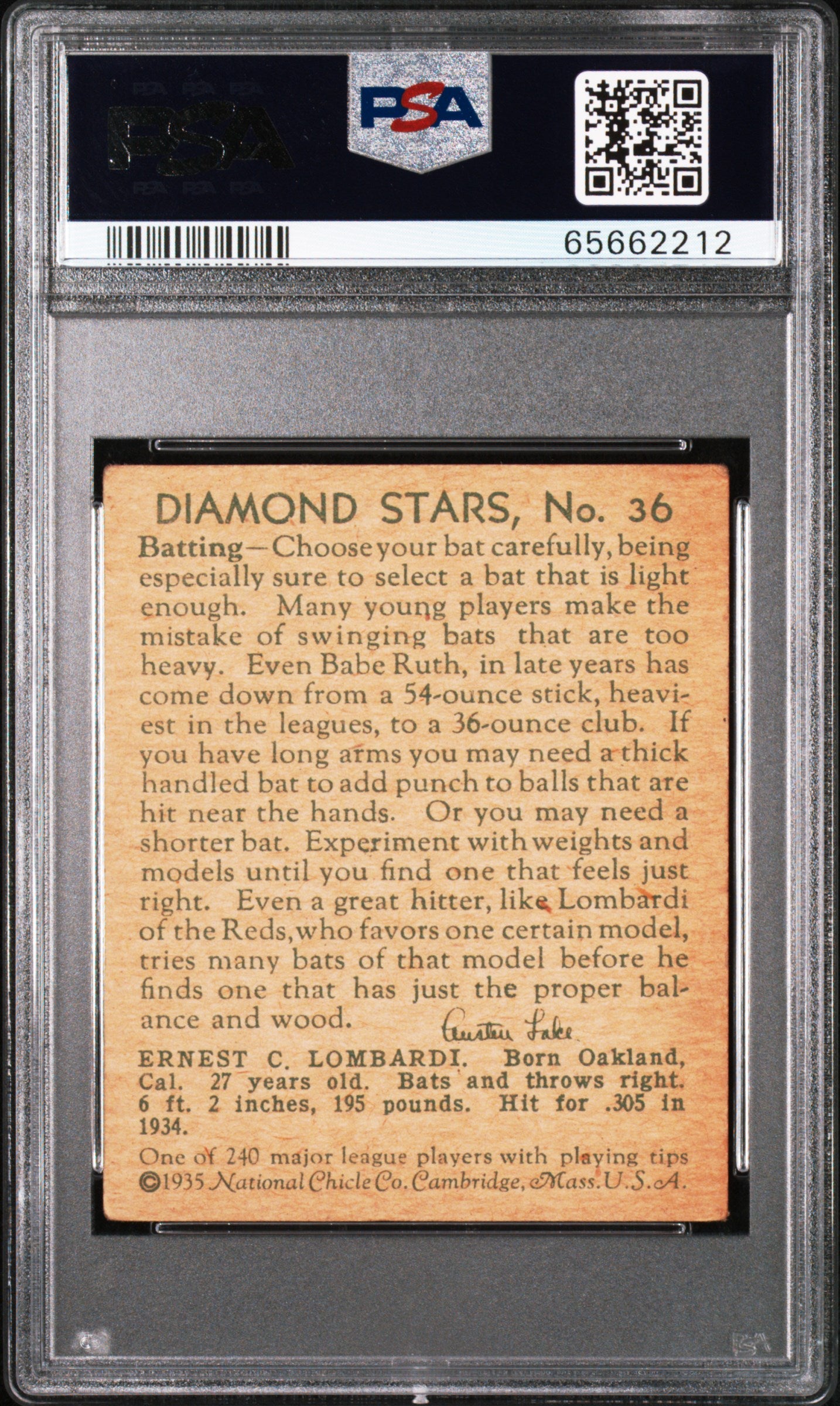 1936 Diamond Stars #36 Earnie Ernie Lombardi Error PSA 3 VG New Label