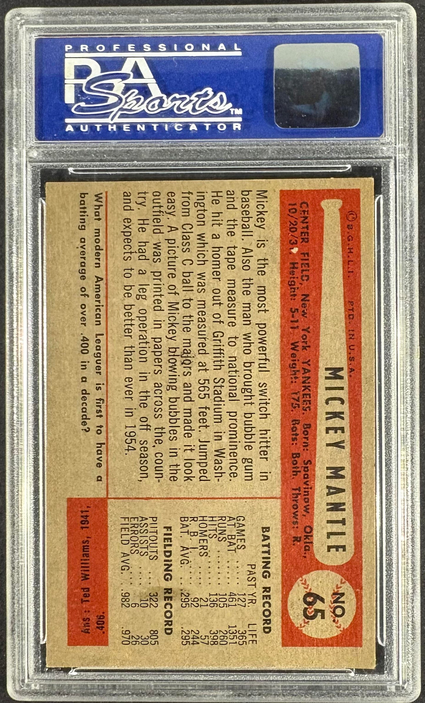 1954 Bowman #65 Mickey Mantle PSA 5 EX