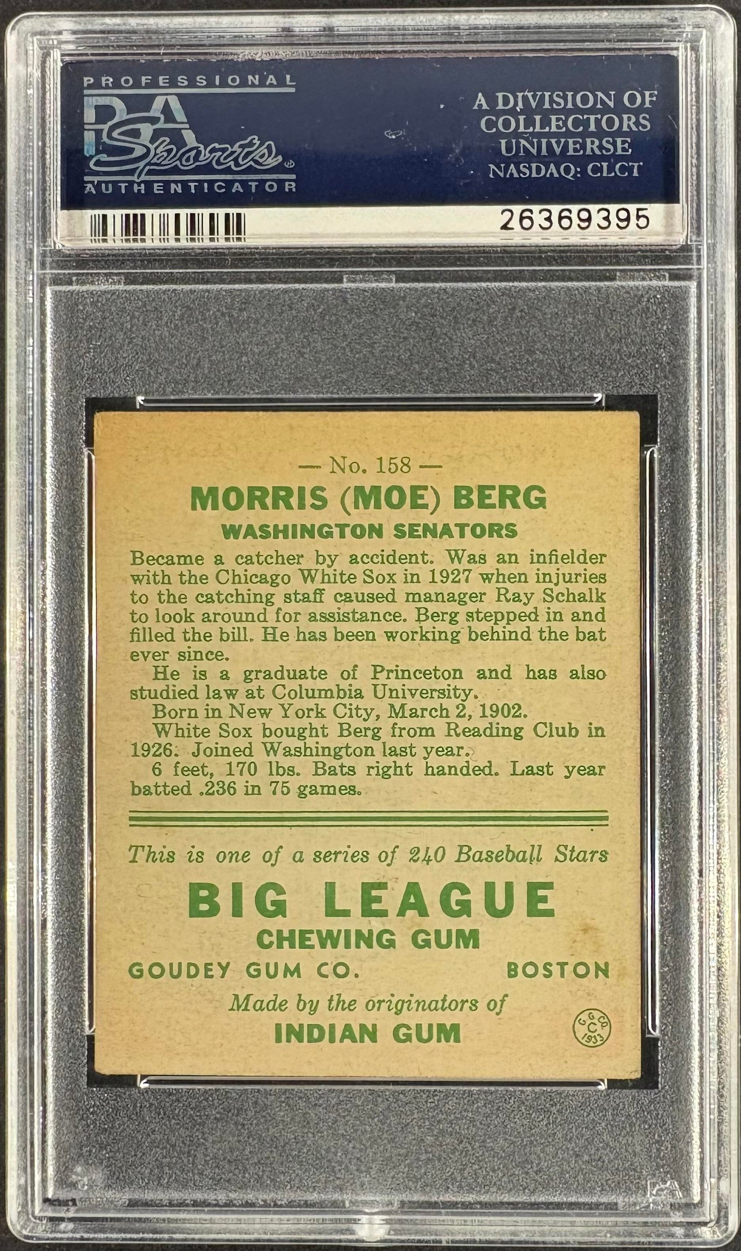 1933 Goudey (R319) #158 Moe Berg PSA 4 VG-EX