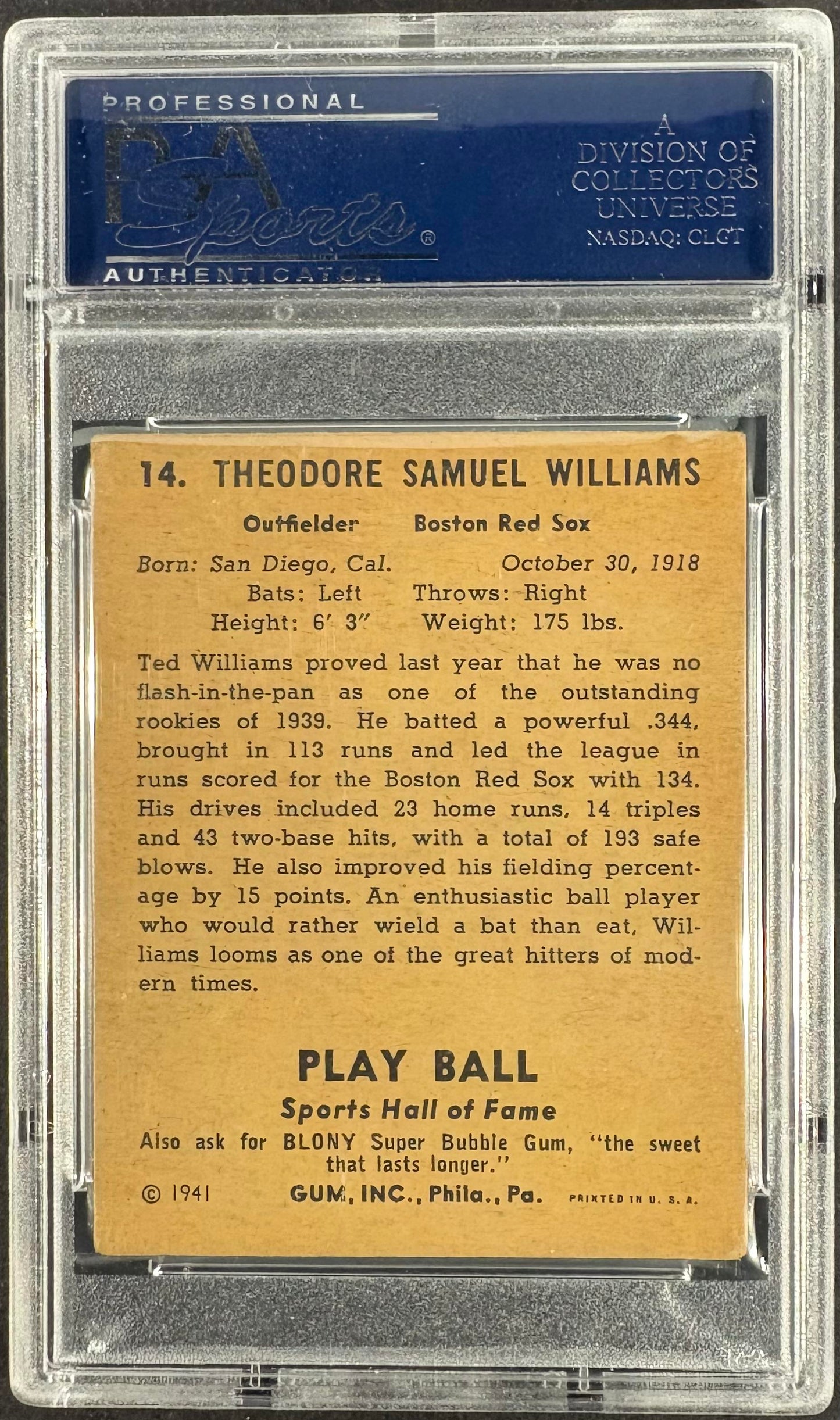 1941 Play Ball #14 Ted Williams PSA 3 VG