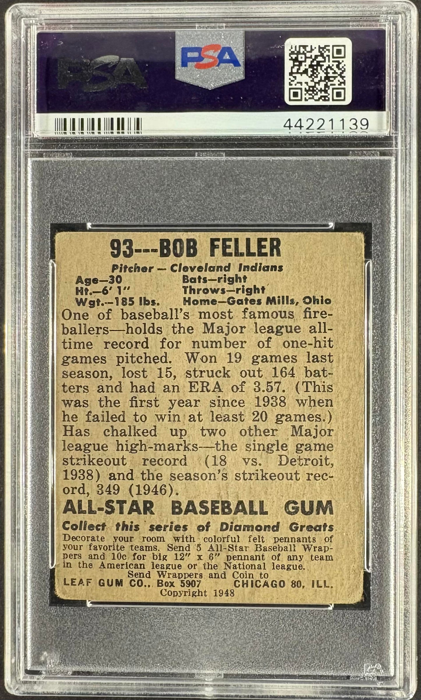 1948-49 Leaf #93 Bob Feller PSA 2 GD New Label