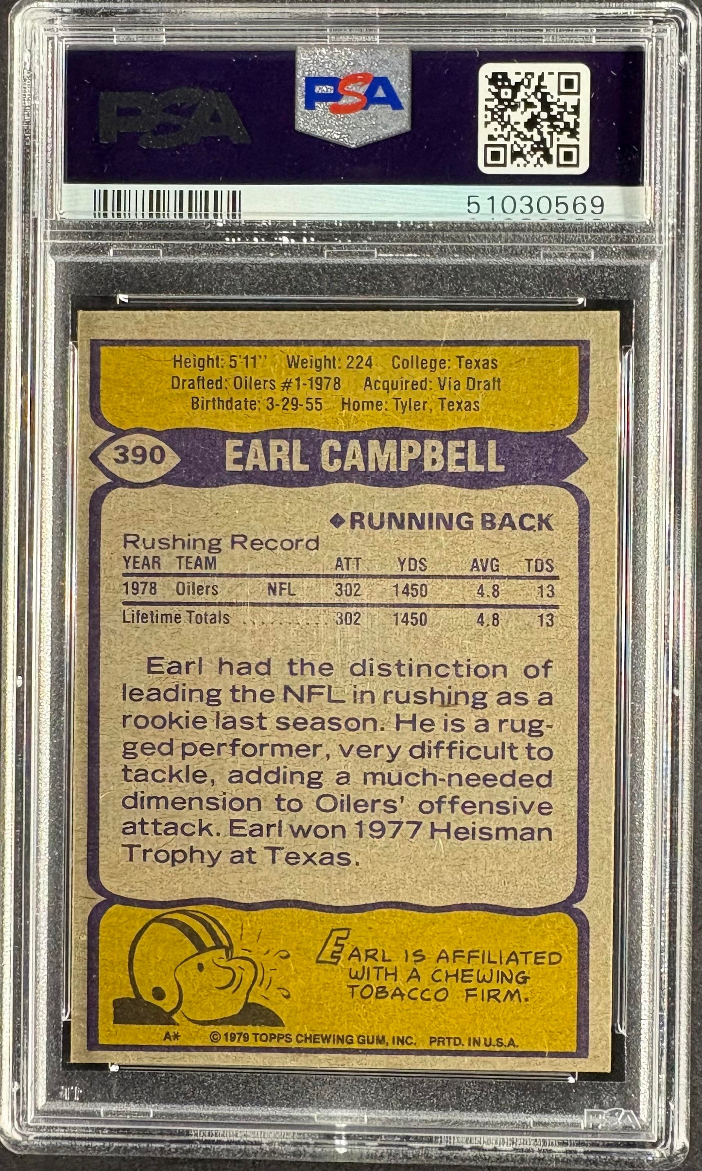 1979 Topps #390 Earl Campbell RC Rookie PSA Authentic / 9 AUTO Autograph