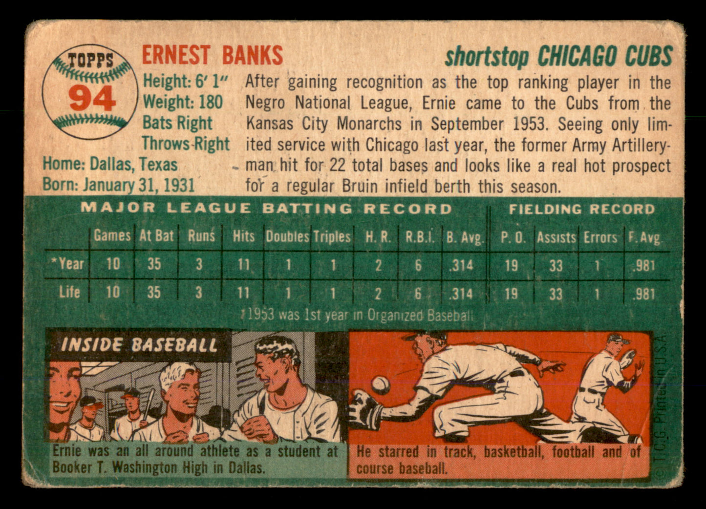 1954 Topps #94 Ernie Banks RC Rookie CREASE FREE