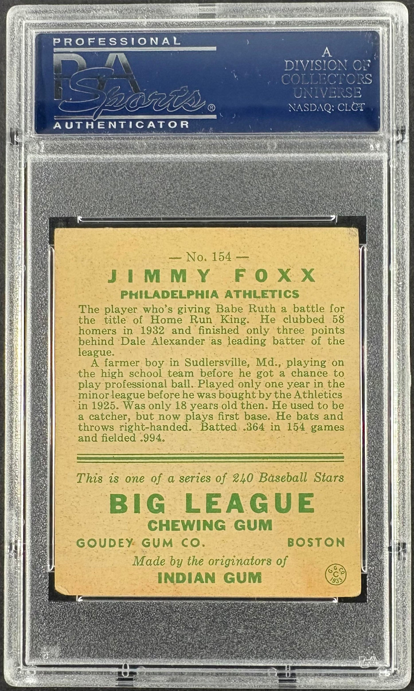 1933 Goudey (R319) #154 Jimmy Jimmie Foxx PSA 3.5 VG+