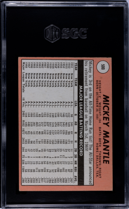 1969 Topps #500 Mickey Mantle SGC 6.5 EX-NM+ Well Centered