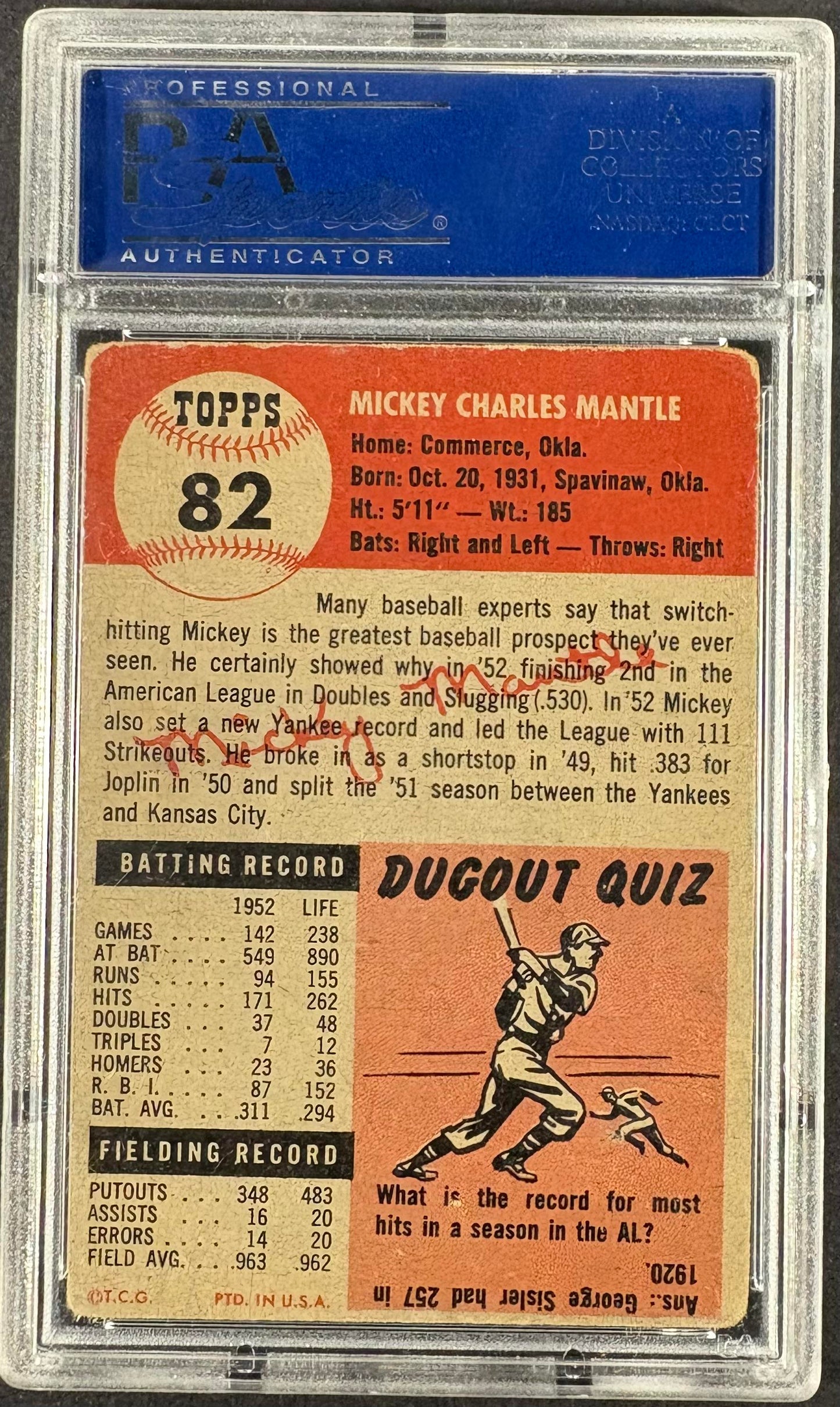 1953 Topps #82 Mickey Mantle PSA 1 Nice Eye Appeal (pinhole)