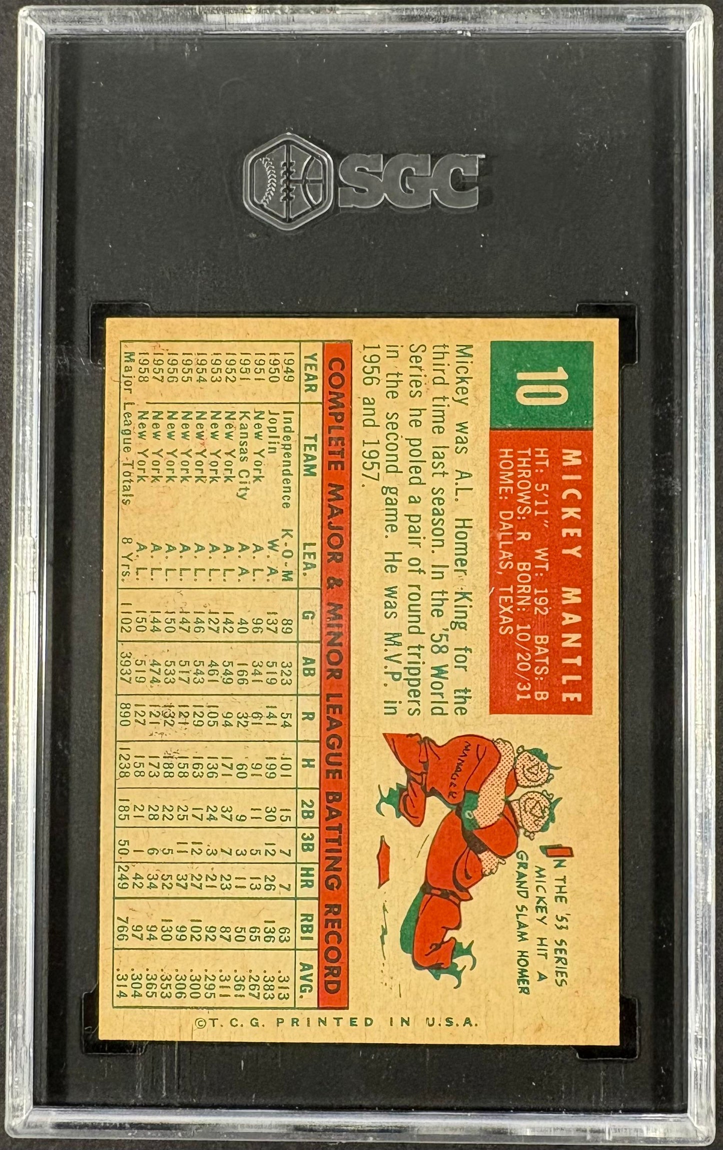 1959 Topps #10 Mickey Mantle SGC 5.5 EX+ Sharp + Nice Color