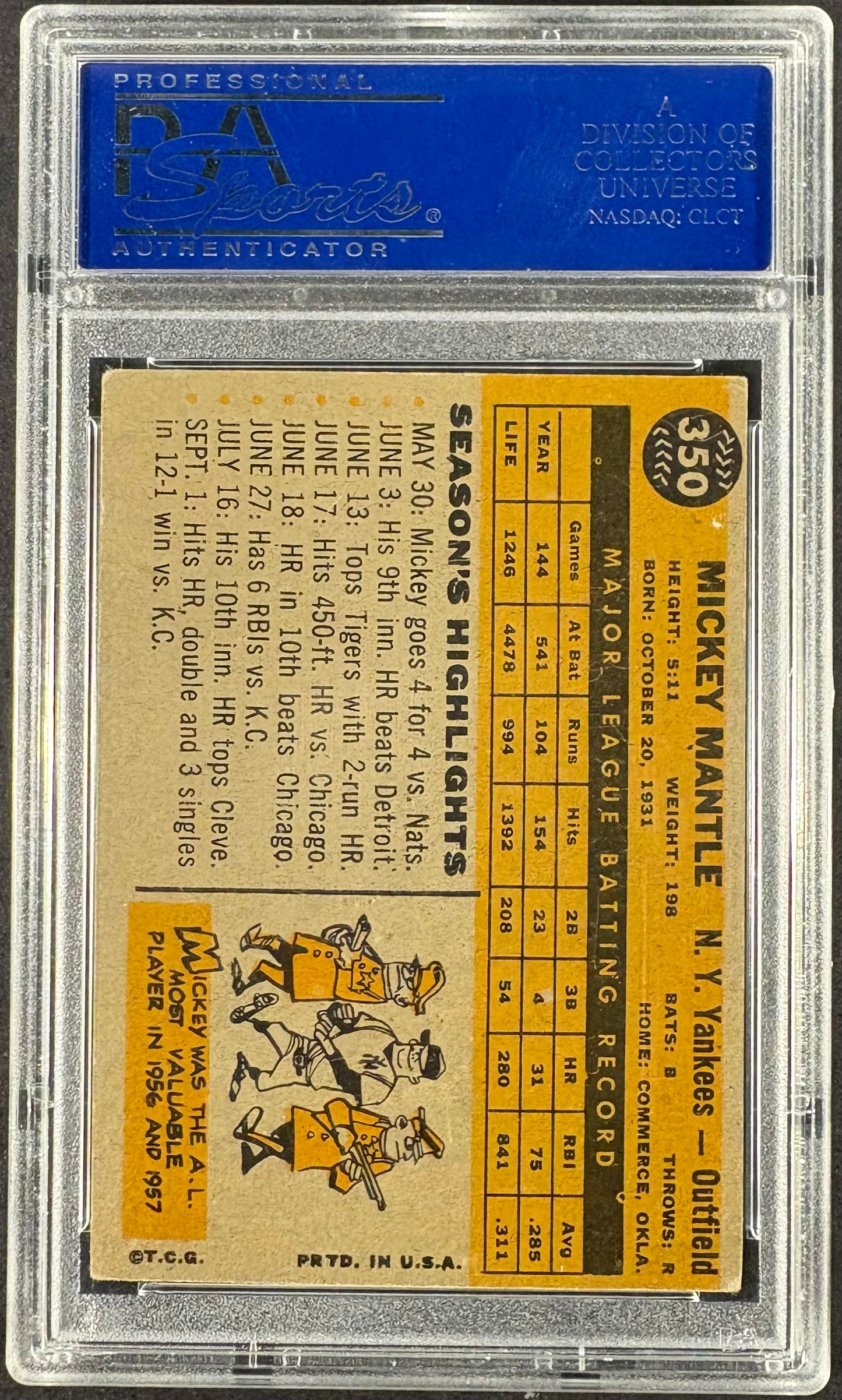 1960 Topps #350 Mickey Mantle PSA 5 EX Nice Color