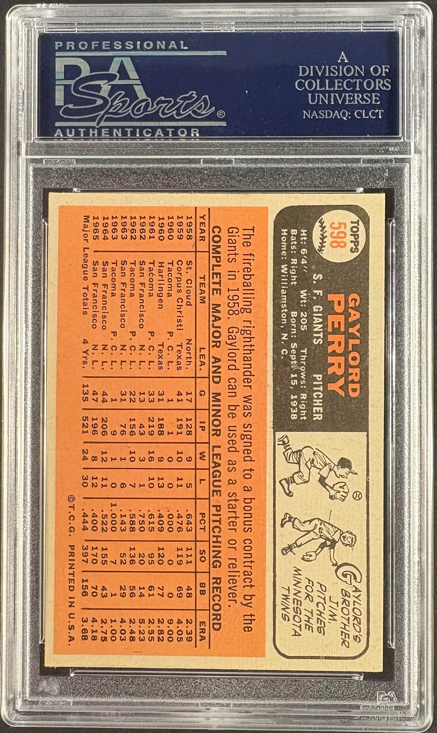 1966 Topps #598 Gaylord Perry PSA 8 NM-MT High Grade