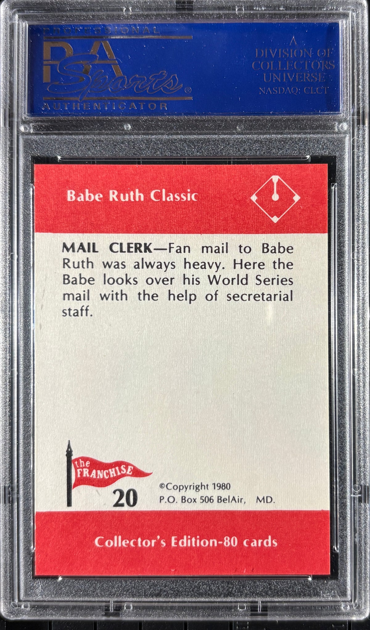 1980 Franchise Babe Ruth #20 Mail Clerk PSA 10 GEM MT