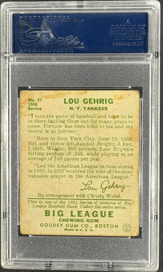 1934 Goudey (R320) #37 Lou Gehrig PSA 2 GD Nice Color