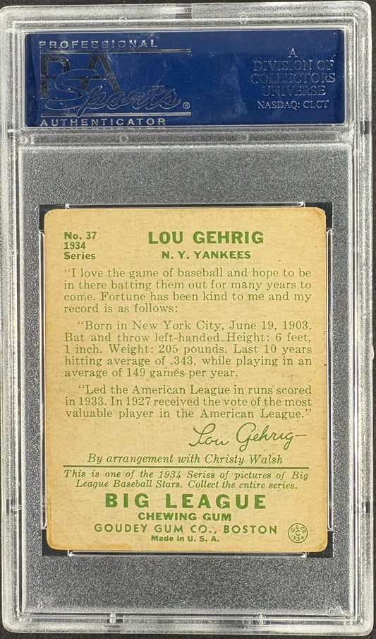1934 Goudey (R320) #37 Lou Gehrig PSA 2 GD Well Centered