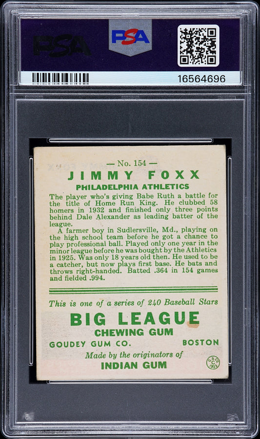 1933 Goudey #154 Jimmy Jimmie Foxx PSA 4.5 VG-EX Nice Eye Appeal CENTERED