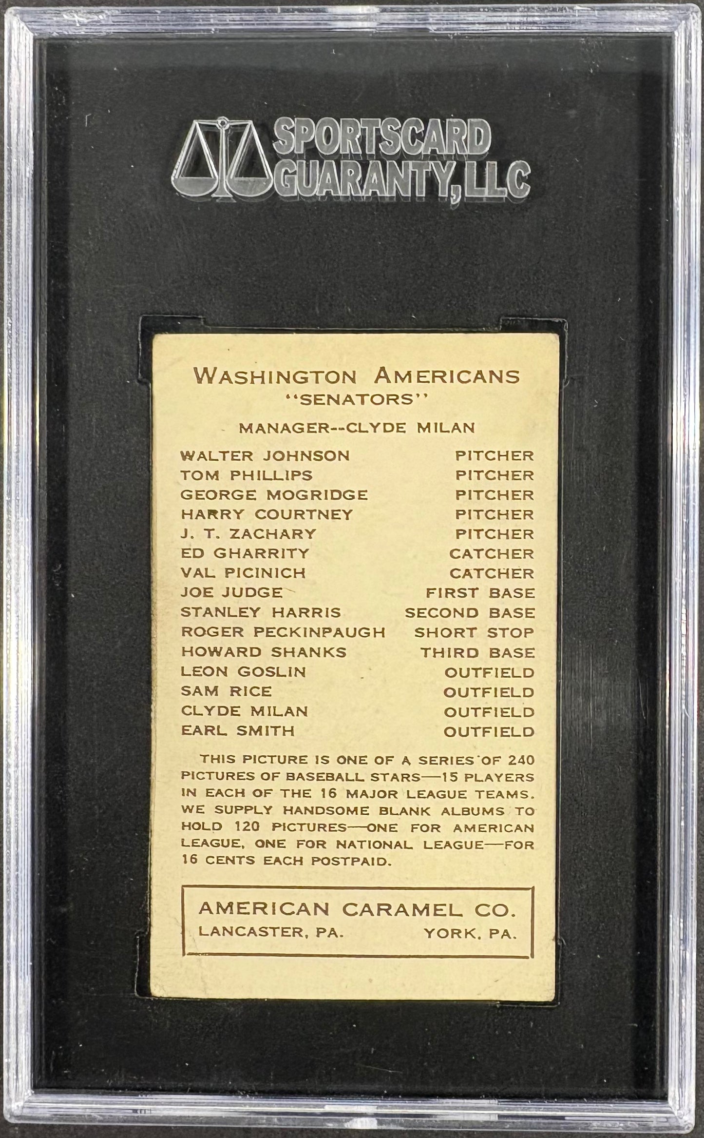 1922 E120 American Caramel Series of 240 Walter Johnson SGC 3 VG