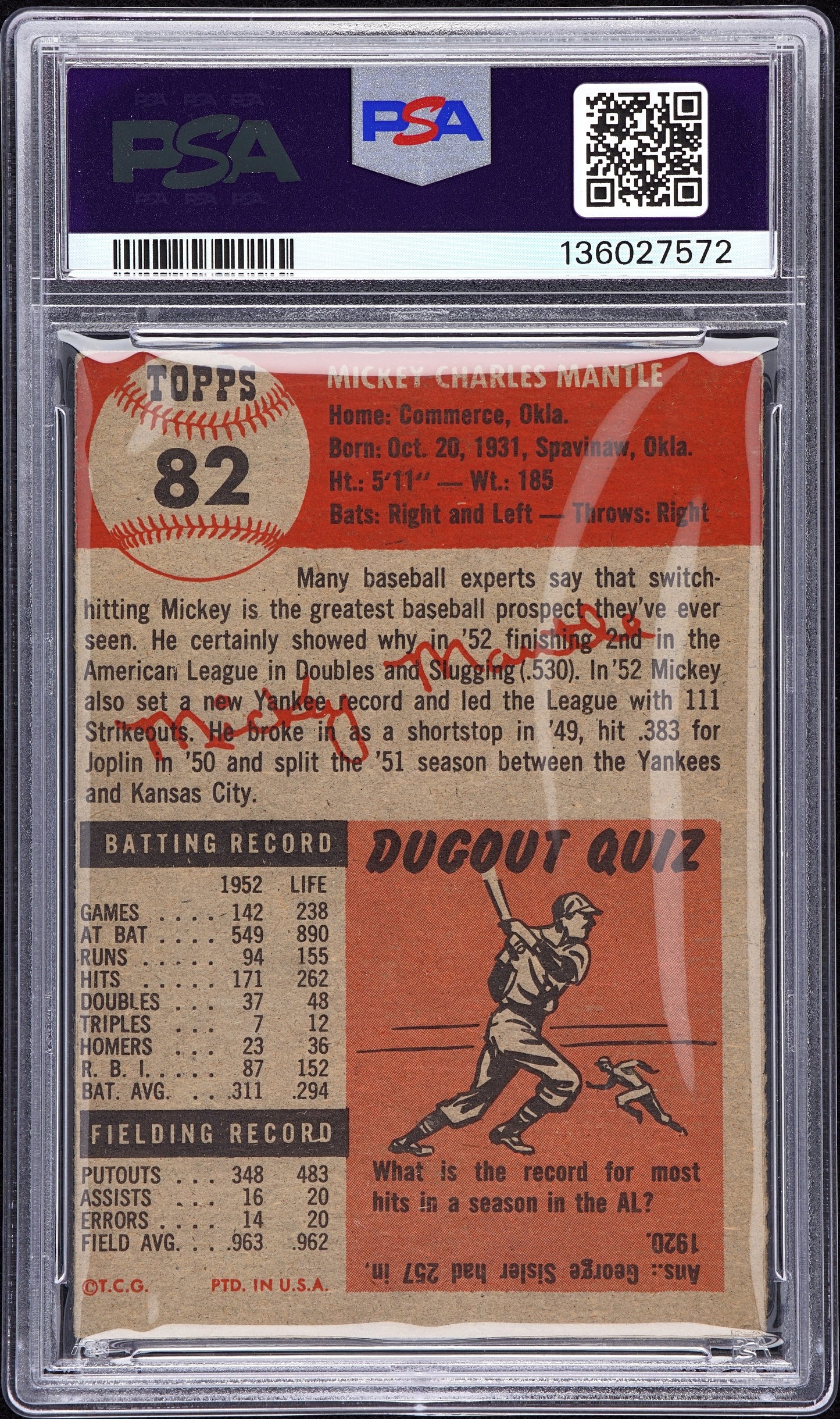 1953 Topps #82 Mickey Mantle PSA 2.5 GD+ Nice Color New Label
