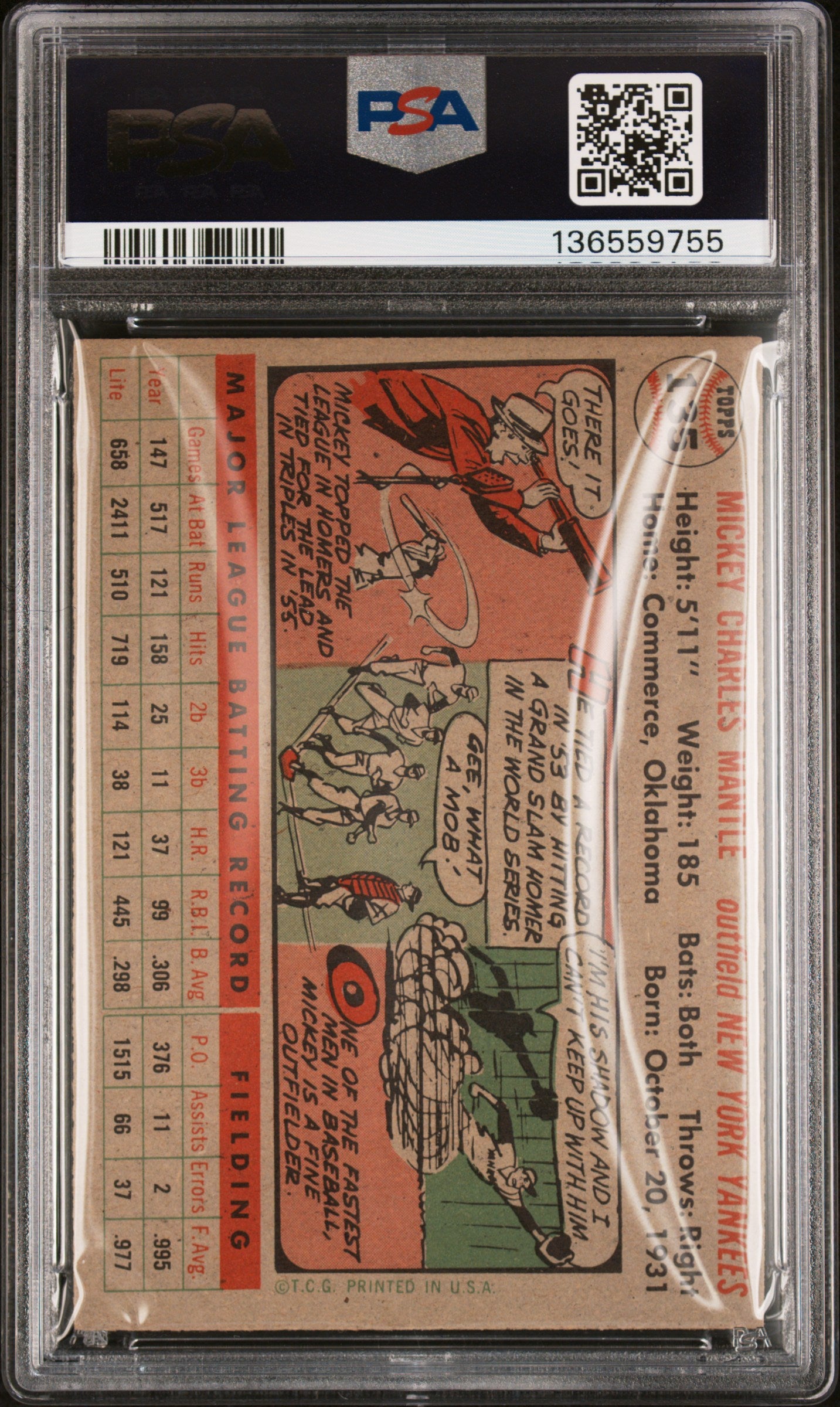 1956 Topps #135 Mickey Mantle Gray Back PSA 5 EX New Label