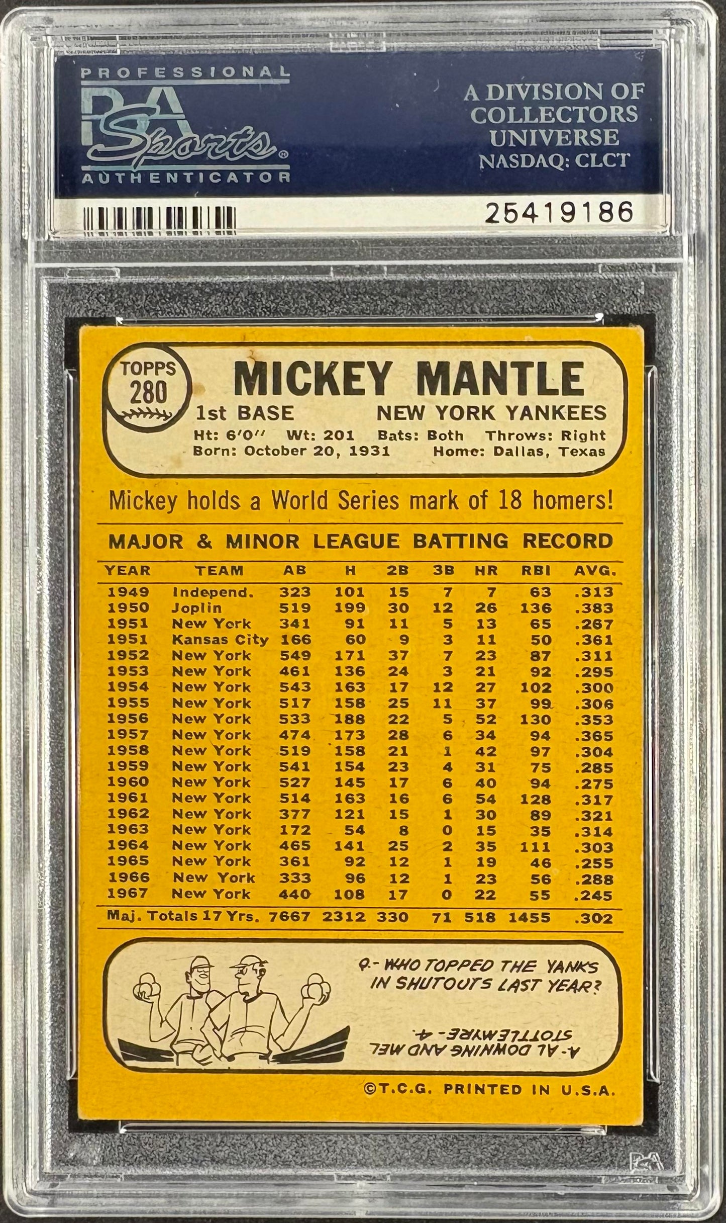 1968 Topps #280 Mickey Mantle PSA 4 VG-EX Well Centered