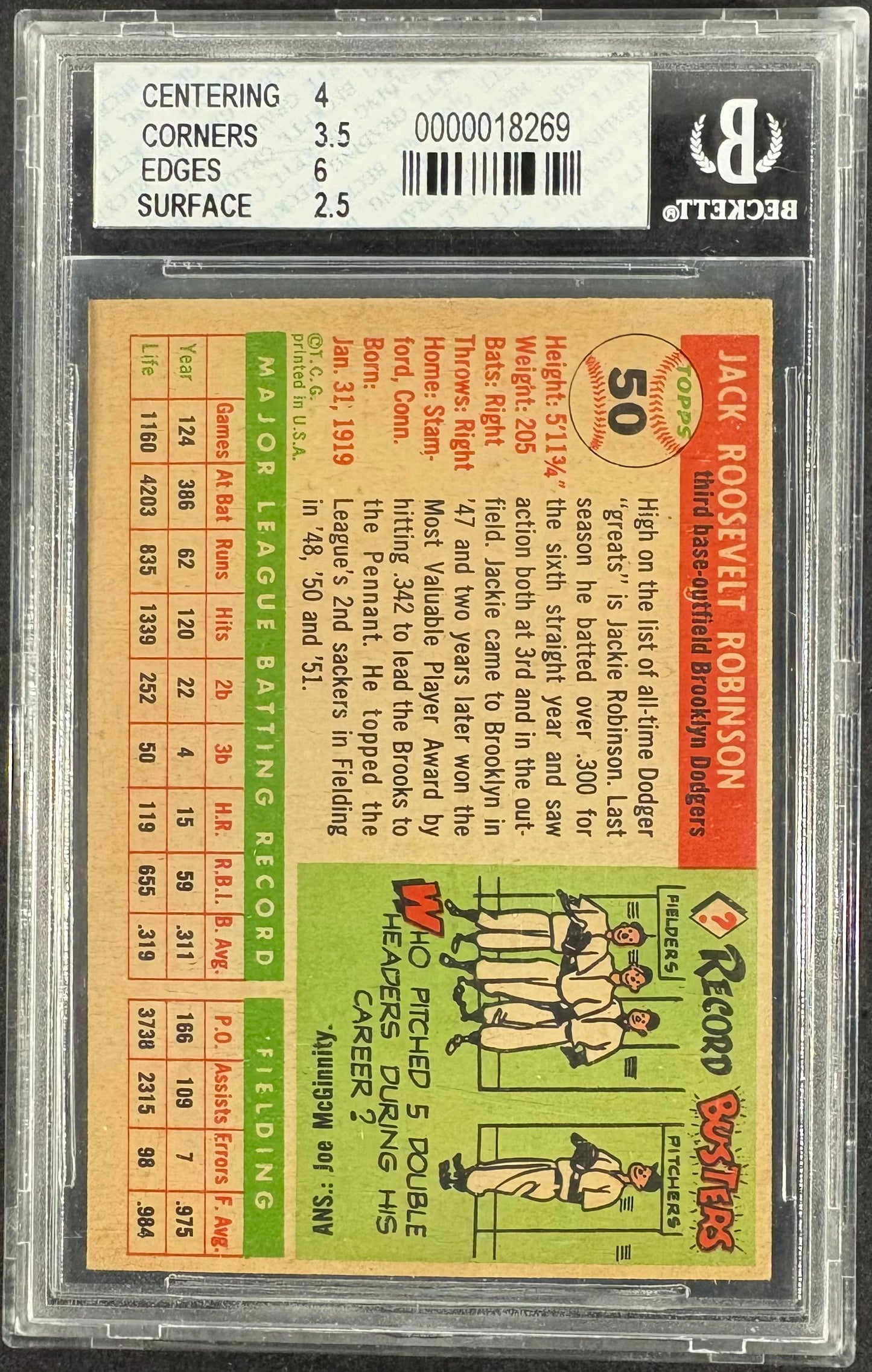 1955 Topps #50 Jackie Robinson BGS 3.5 VG+ Nice Color