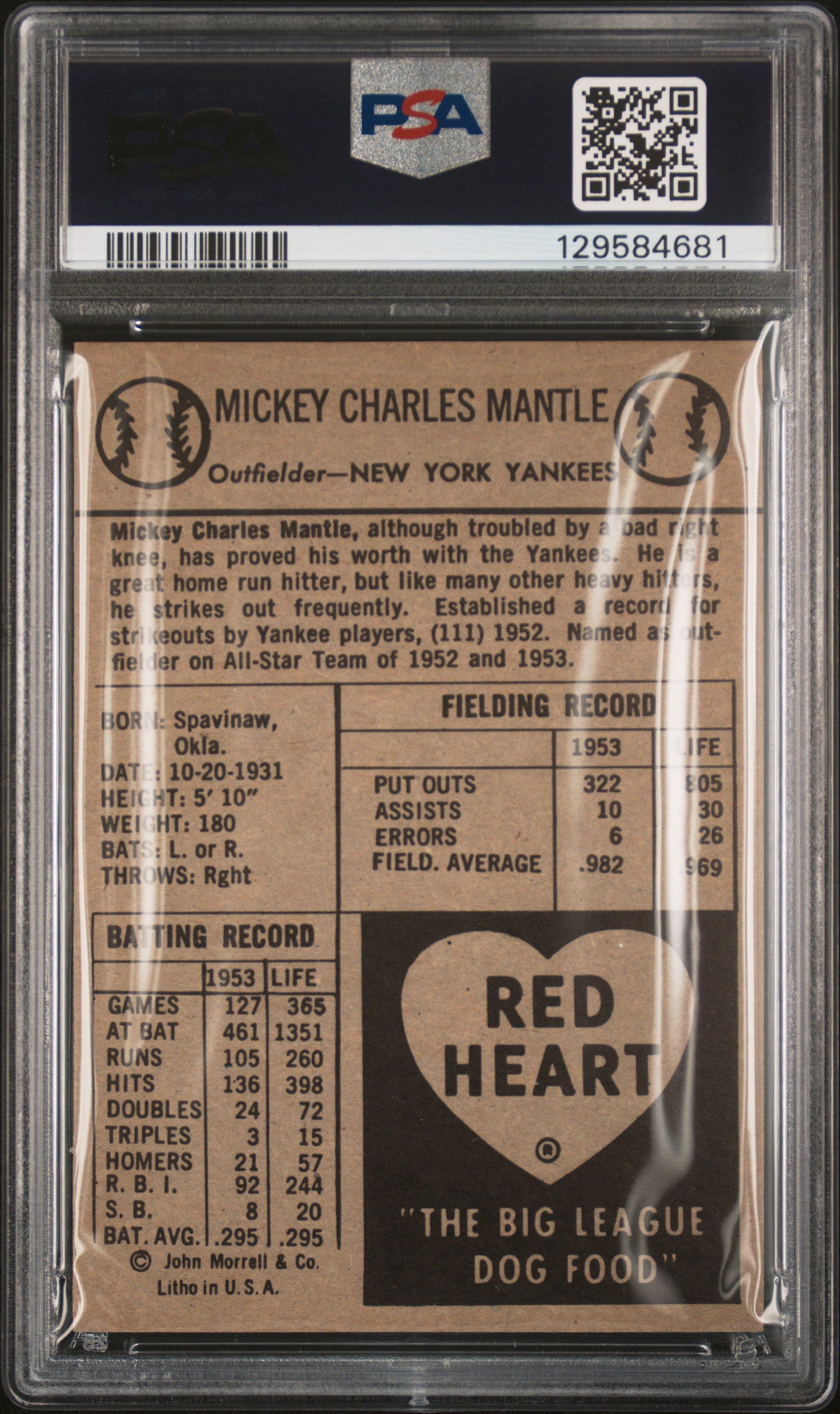 1954 Red Heart Dog Food Mickey Mantle PSA 6 EX-MT SHARP New Label