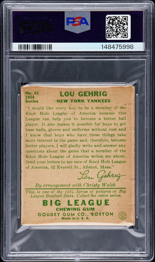 1934 Goudey #61 Lou Gehrig PSA 1 Nice Color New Label