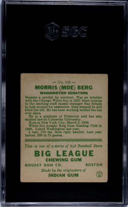 1933 Goudey #158 Moe Berg SGC 4 VG-EX Nice Color