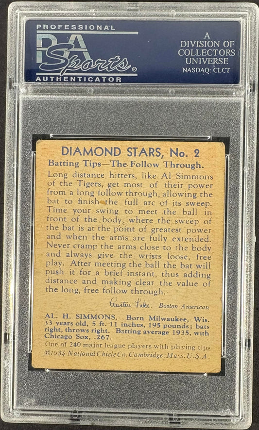 1934-36 National Chicle Diamond Stars (R327) #2 Al Simmons PSA 3.5 VG+ White Sox