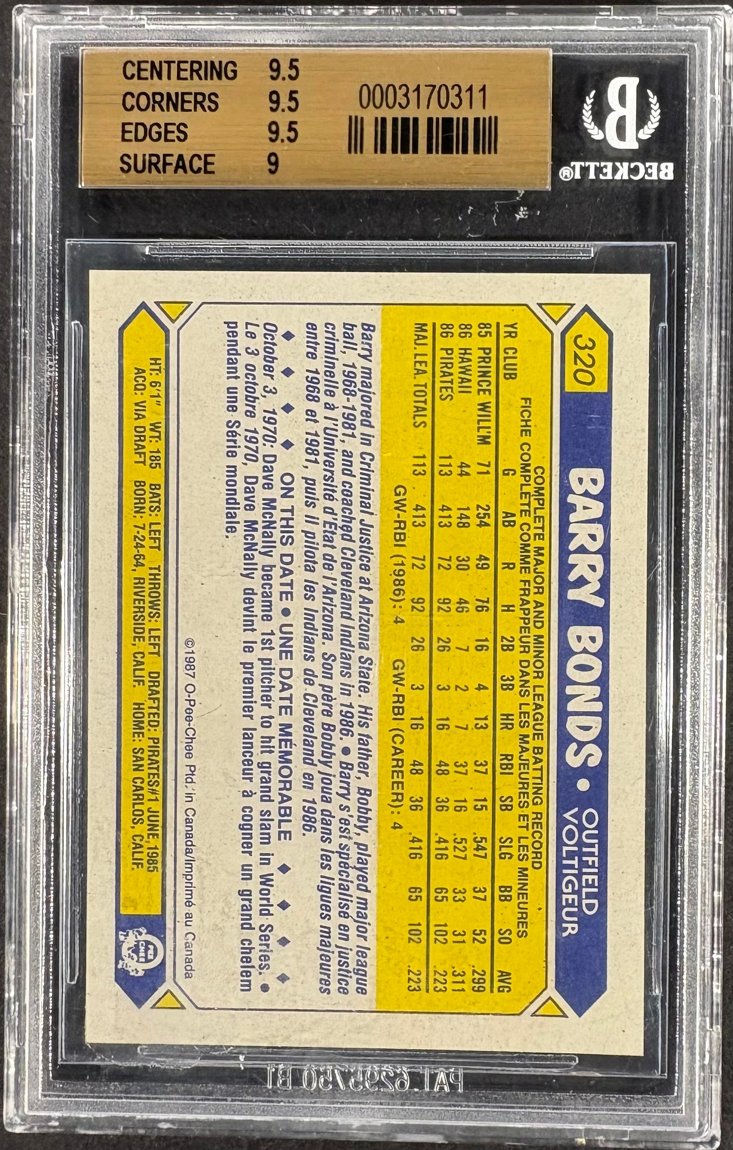 1987 O-Pee-Chee #320 Barry Bonds RC Rookie BGS 9.5 GEM MINT