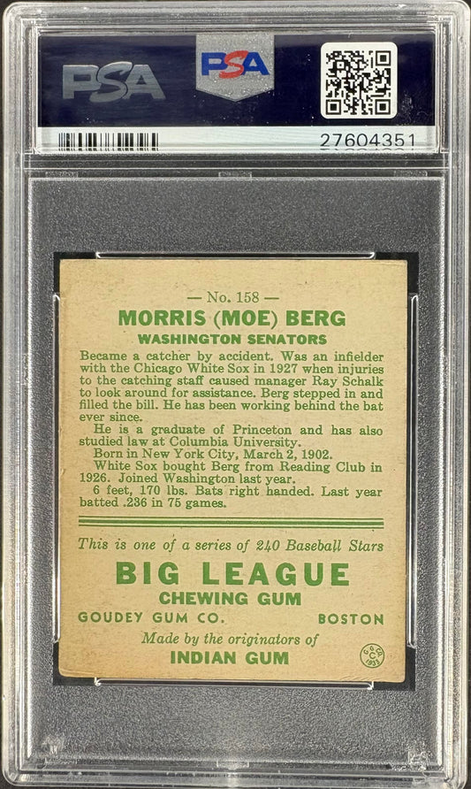 1933 Goudey (R319) #158 Morris Moe Berg PSA 5 EX Nice Color New Label