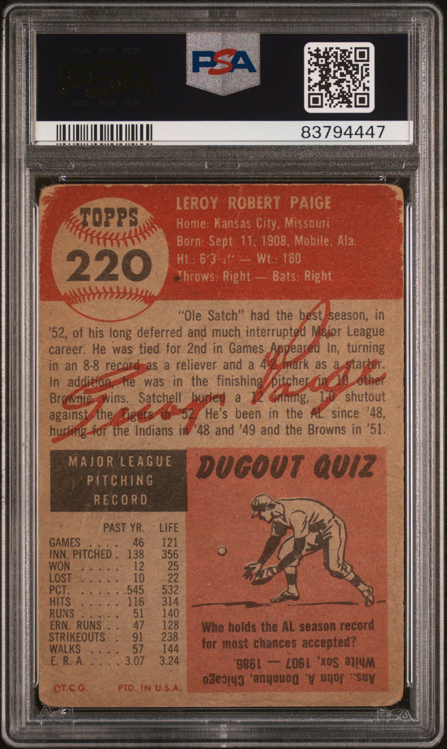 1953 Topps #220 Satchell Satchel Paige PSA 1 Nice Color New Label