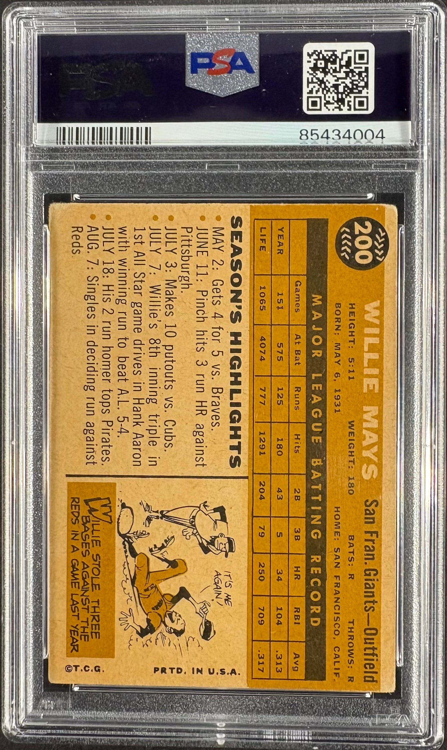 1960 Topps #200 Willie Mays PSA 2 GD Well Centered AUTO Autographed