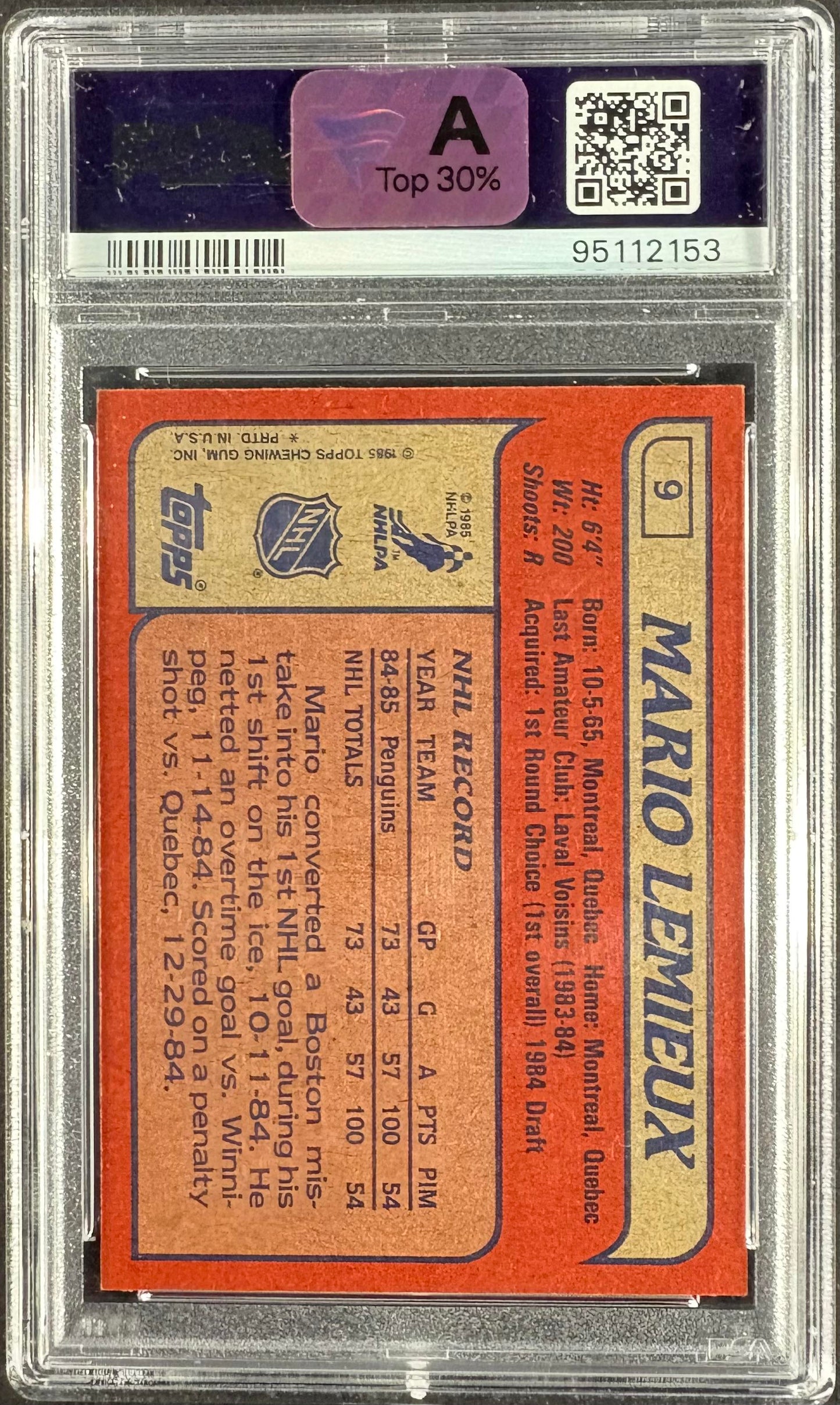 1985-86 Topps #9 Mario Lemieux RC Rookie PSA 9 MINT FAN-A TOP 30% EYE APPEAL