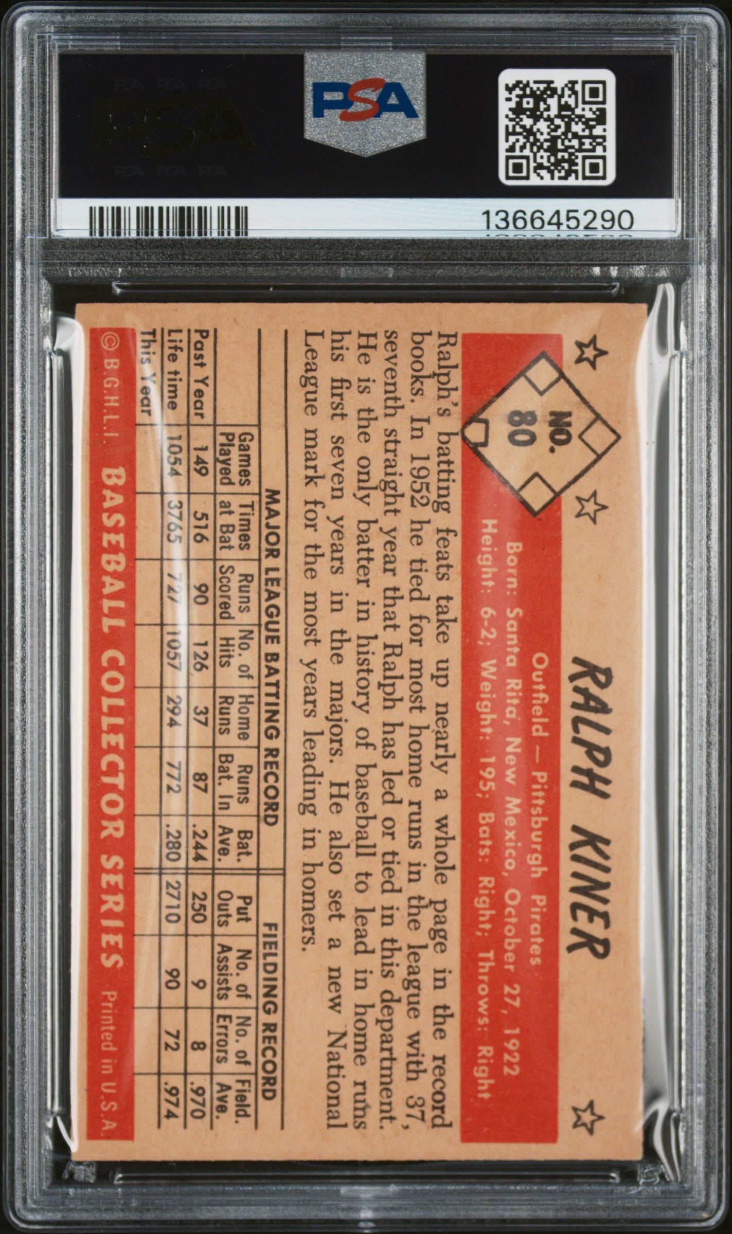 1953 Bowman Color #80 Ralph Kiner PSA 6 EX-MT New Label