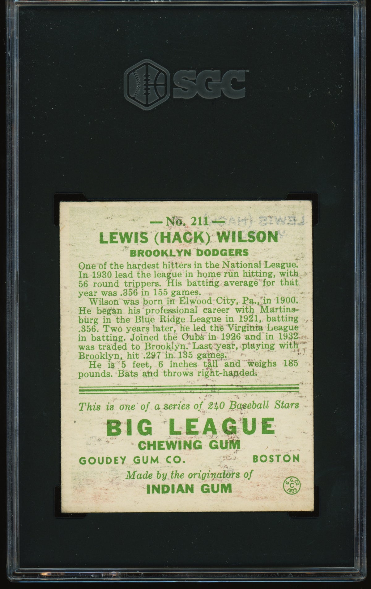 1933 Goudey #211 Hack Wilson SGC 5 EX Sharp + Nice Color