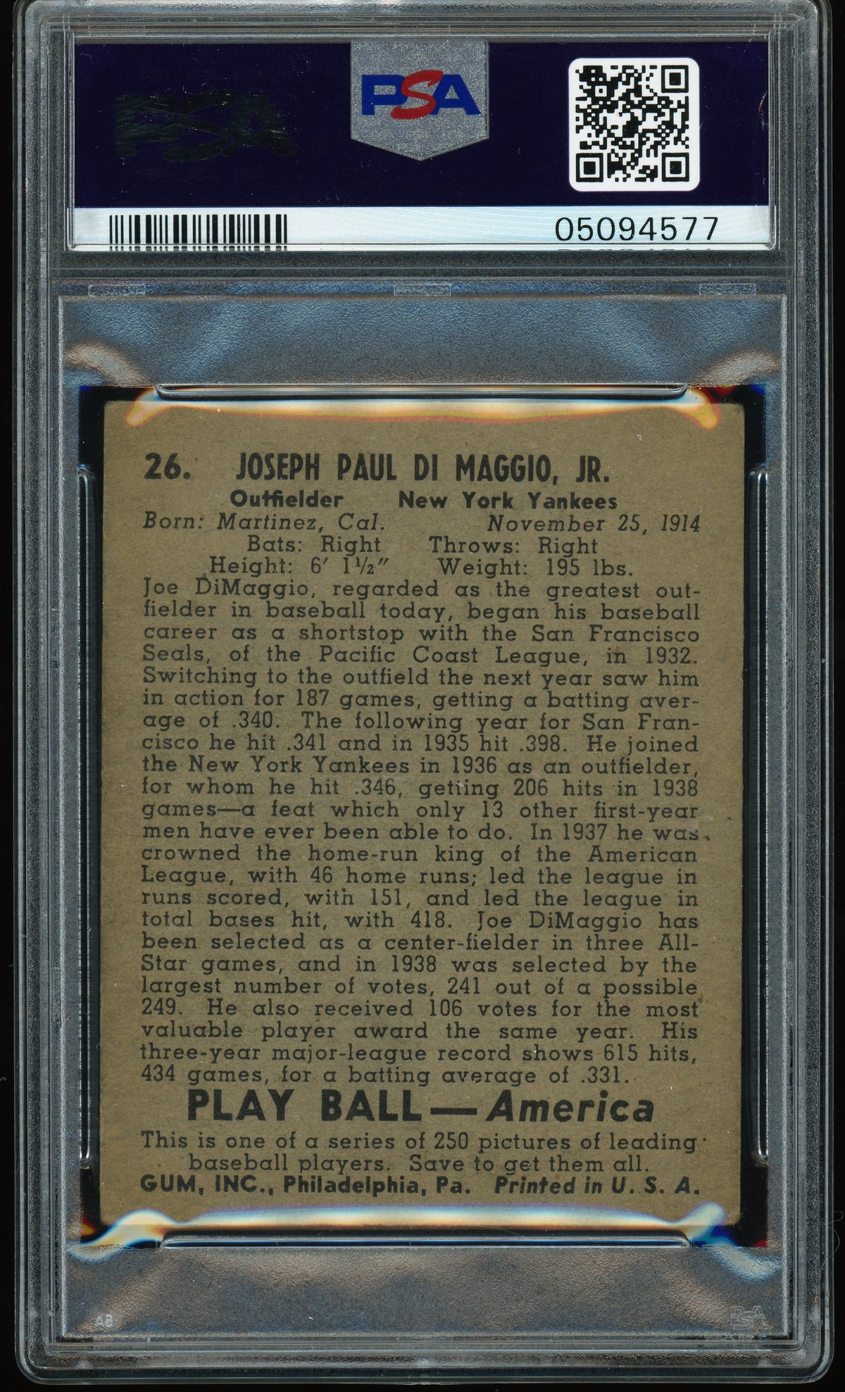 1939 Play Ball #26 Joe DiMaggio PSA 3 VG Crisp Image