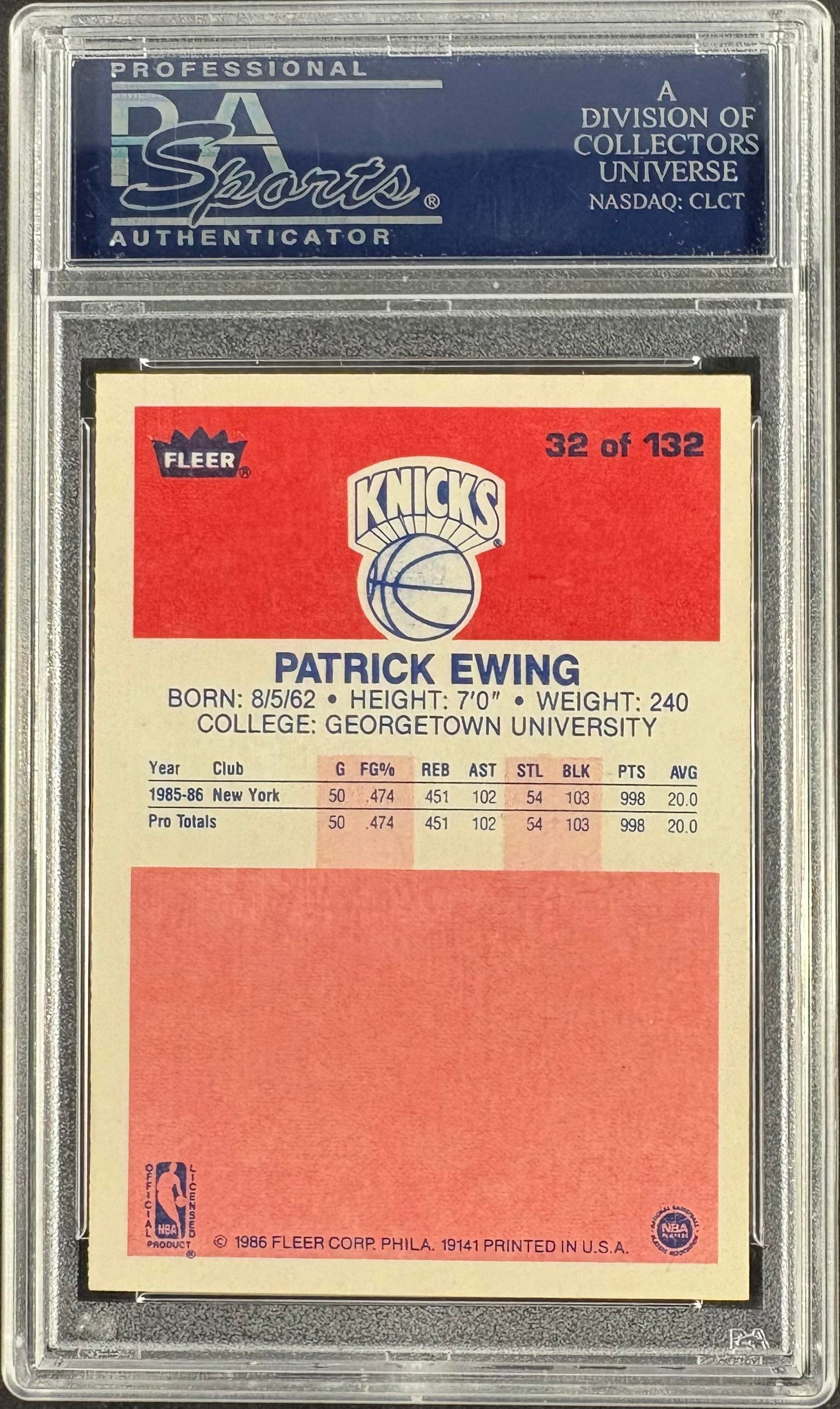 1986-87 Fleer #32 Patrick Ewing RC Rookie PSA Authentic AUTO Autograph