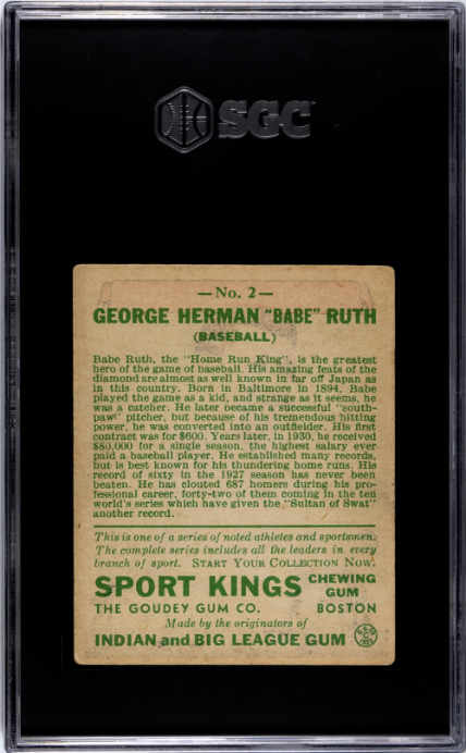 1933 Goudey Sport Kings Gum #2 Babe Ruth SGC 3 VG CREASE FREE Nice Color