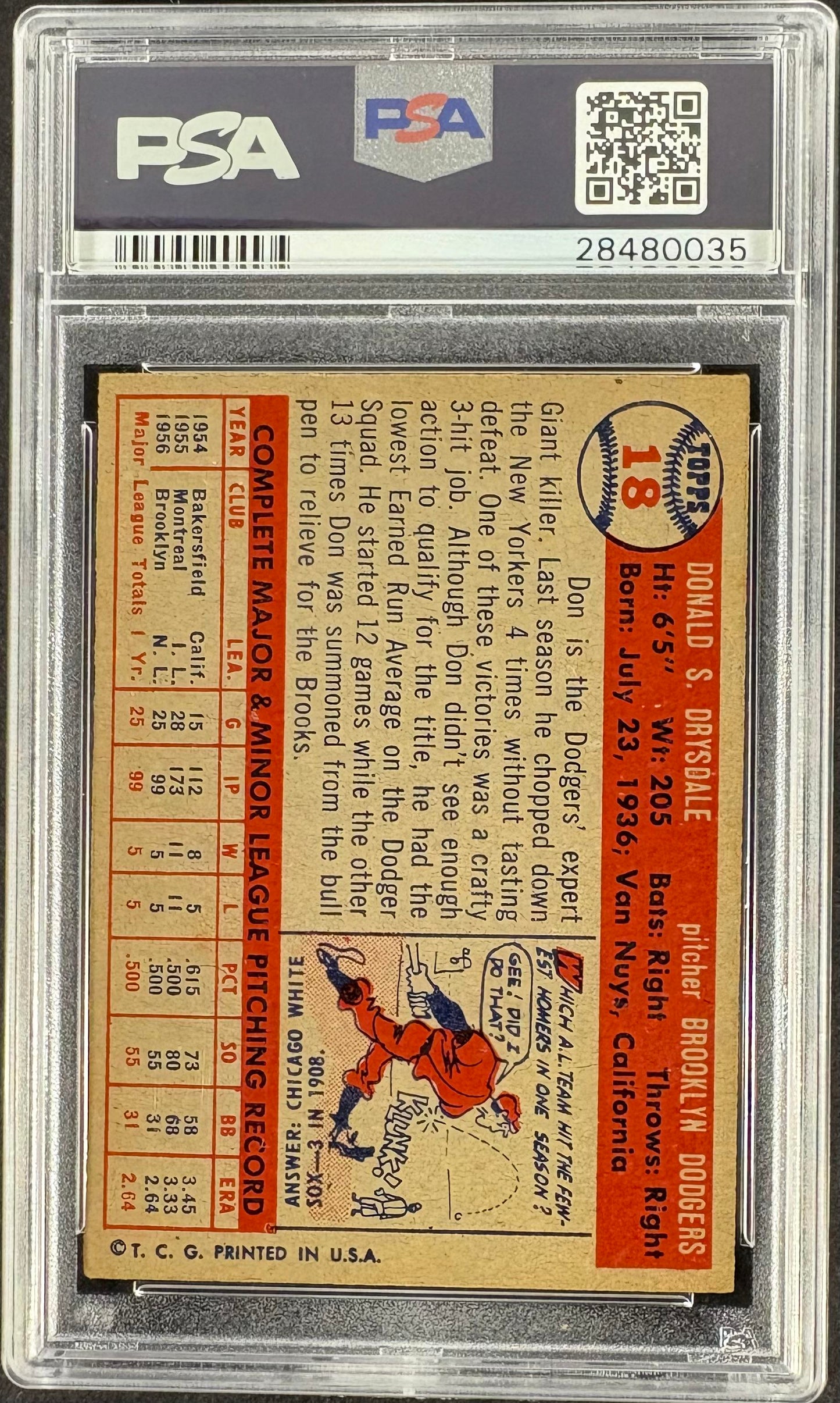 1957 Topps #18 Don Drysdale RC Rookie PSA 5 EX New Label