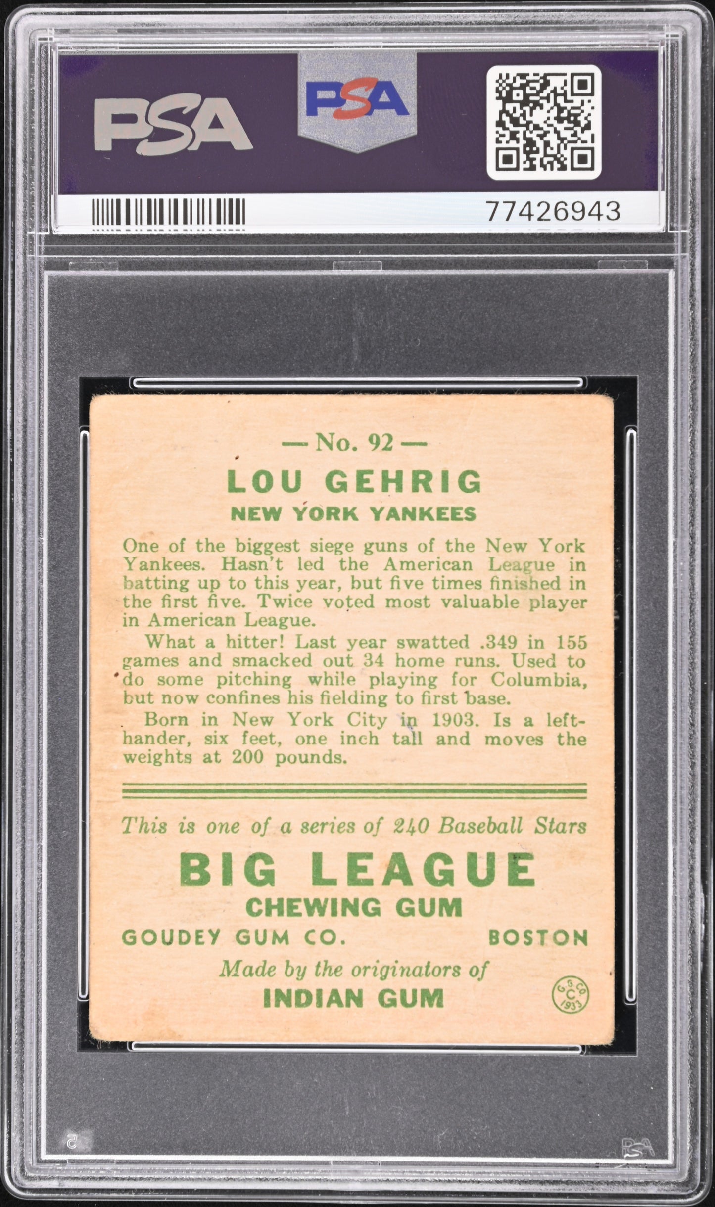 1933 Goudey #92 Lou Gehrig PSA 1.5 CENTERED New Label