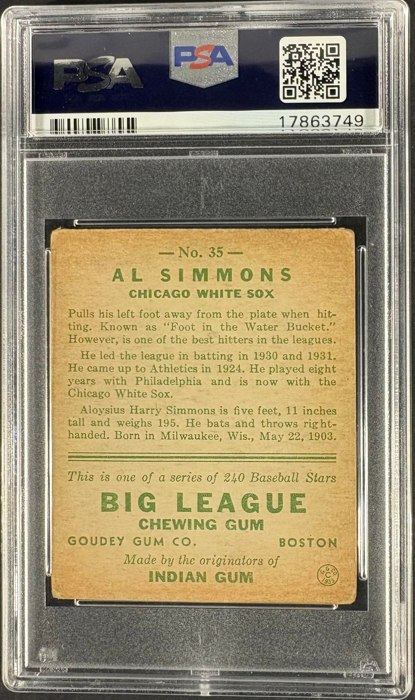 1933 Goudey (R319) #35 Al Simmons PSA 3.5 VG+ Nice Color New Label