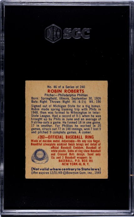1949 Bowman #46 Robin Roberts SGC 7 NM Near Mint High Grade