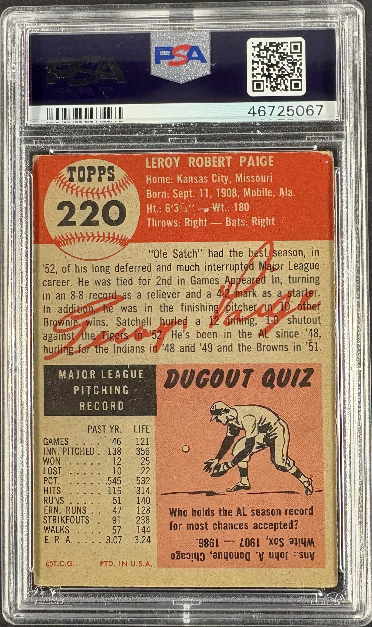 1953 Topps #220 Satchell Satchel Paige PSA 1.5 Nice Color New Label