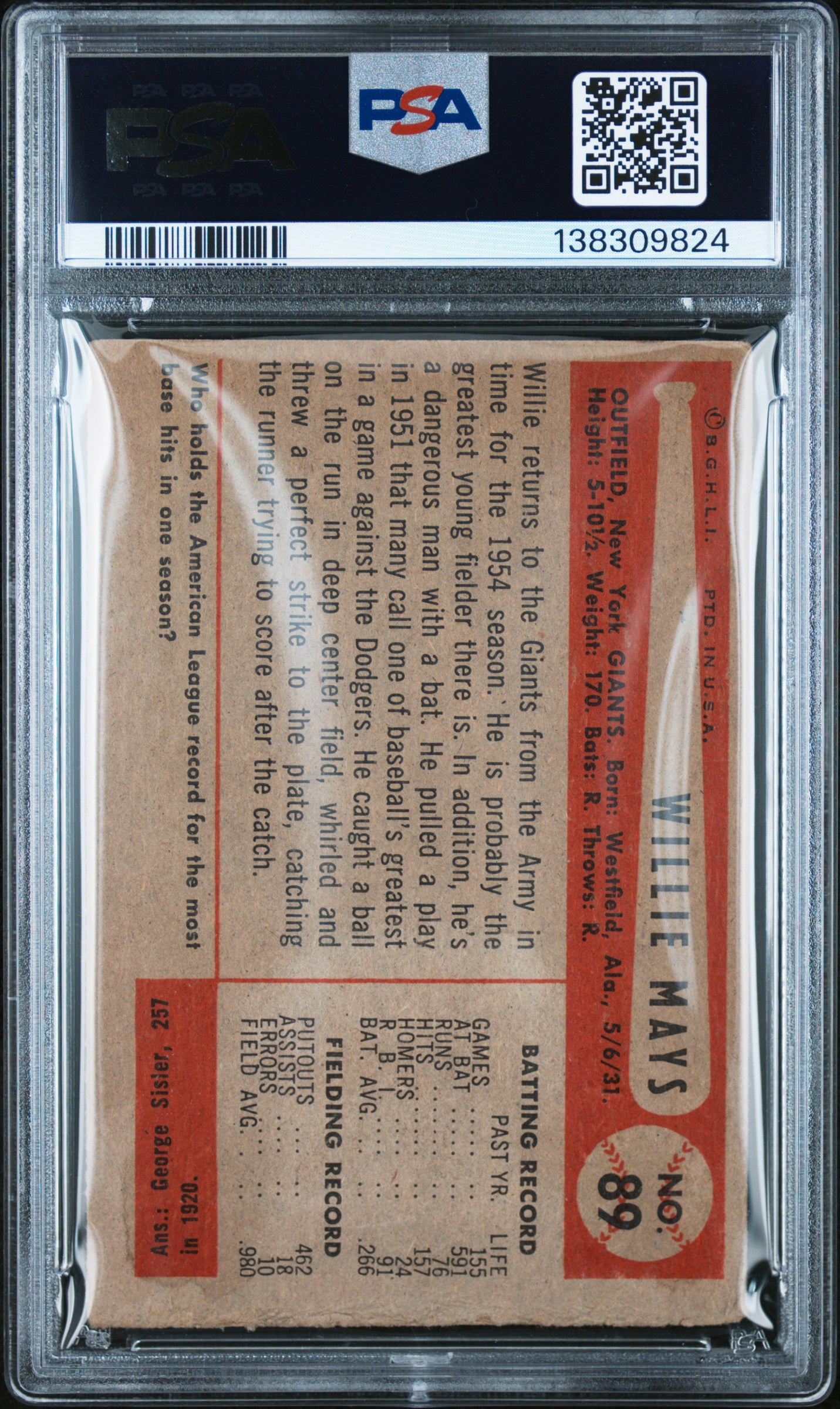 1954 Bowman #89 Willie Mays PSA 1.5 Nice Color New Label