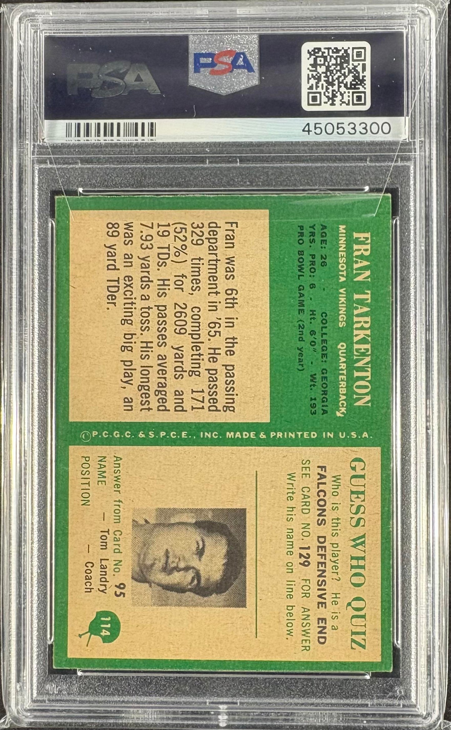 1966 Philadelphia #114 Fran Tarkenton PSA 8 NM-MT High Grade New Label