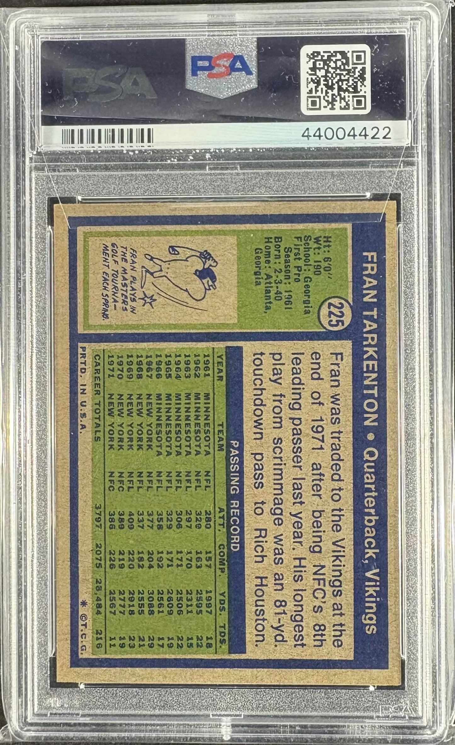 1972 Topps #225 Fran Tarkenton PSA 8 NM-MT Well Centered New Label