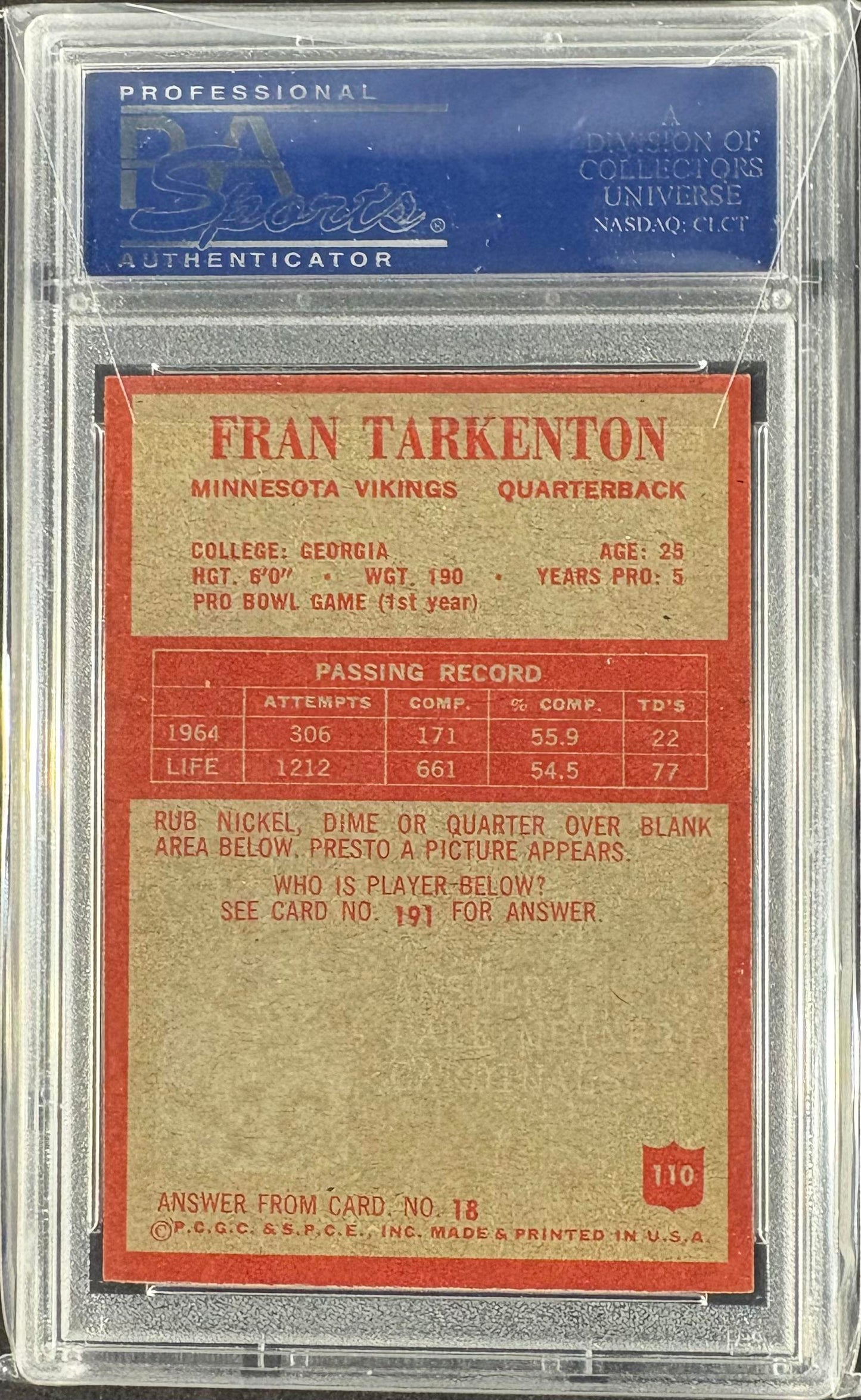 1965 Philadelphia #110 Fran Tarkenton PSA 8 NM-MT High Grade