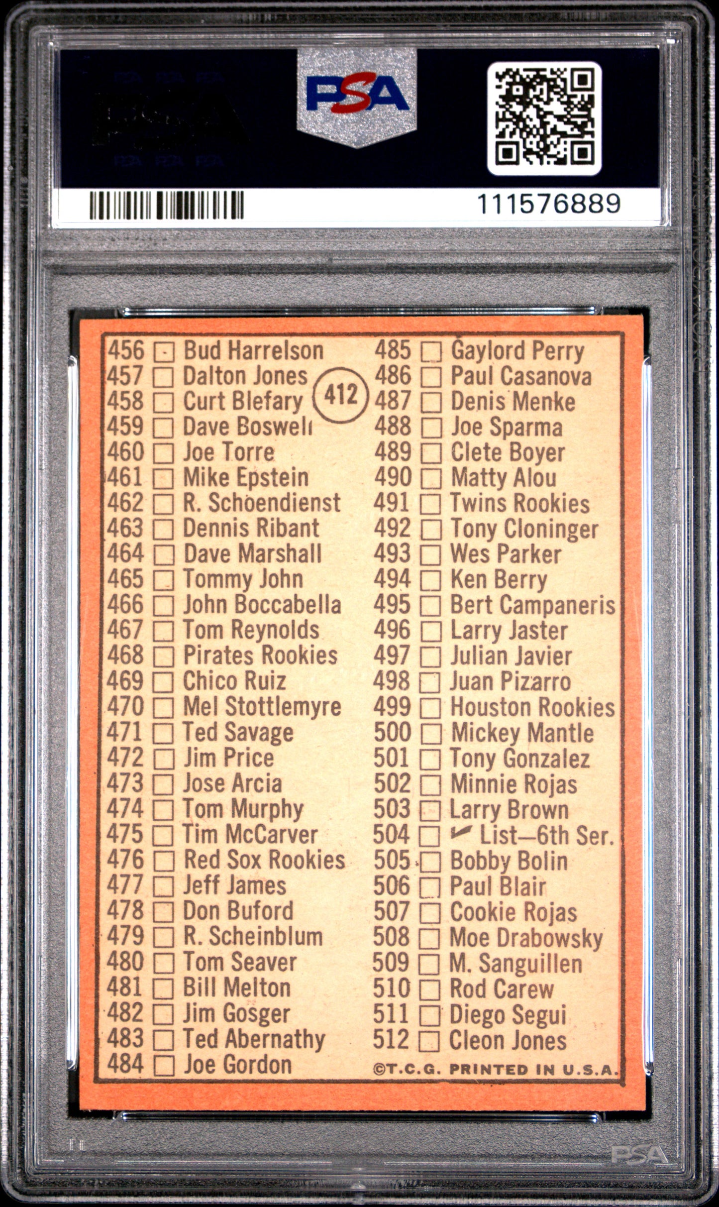 1969 Topps #412 Checklist Mickey Mantle 426-512 PSA 7 NM Near Mint