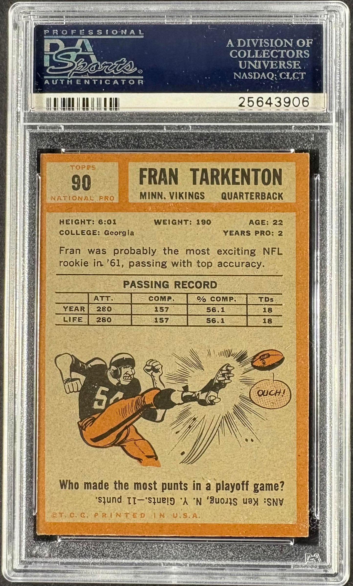 1962 Topps #90 Fran Tarkenton RC Rookie PSA Authentic AUTO Autograph